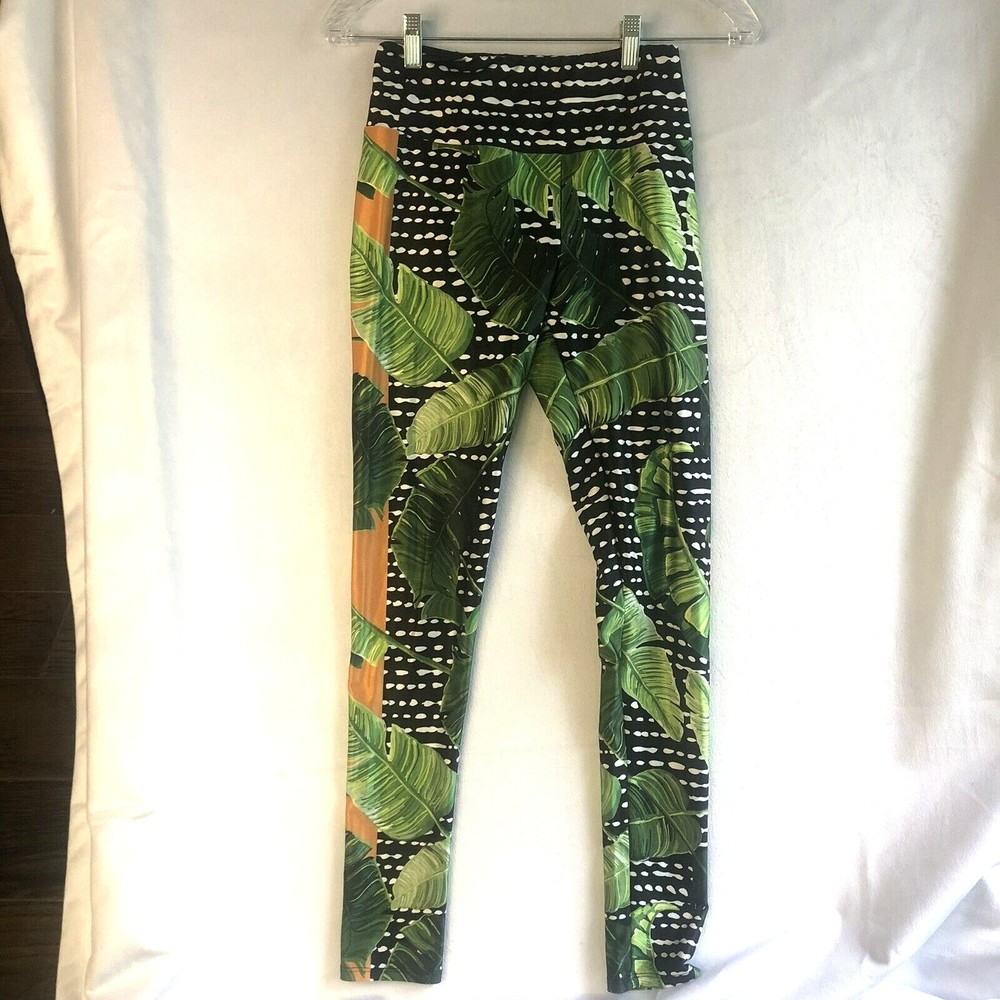 Goldsheep Palm Tree Leaf Leggings Green & Black Tropical Yoga Size Medium M